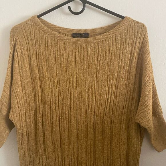 Like New Zara Cable Knit Shimmering Golden Mustard Dolman Sleeve Sweater - Picture 3 of 8